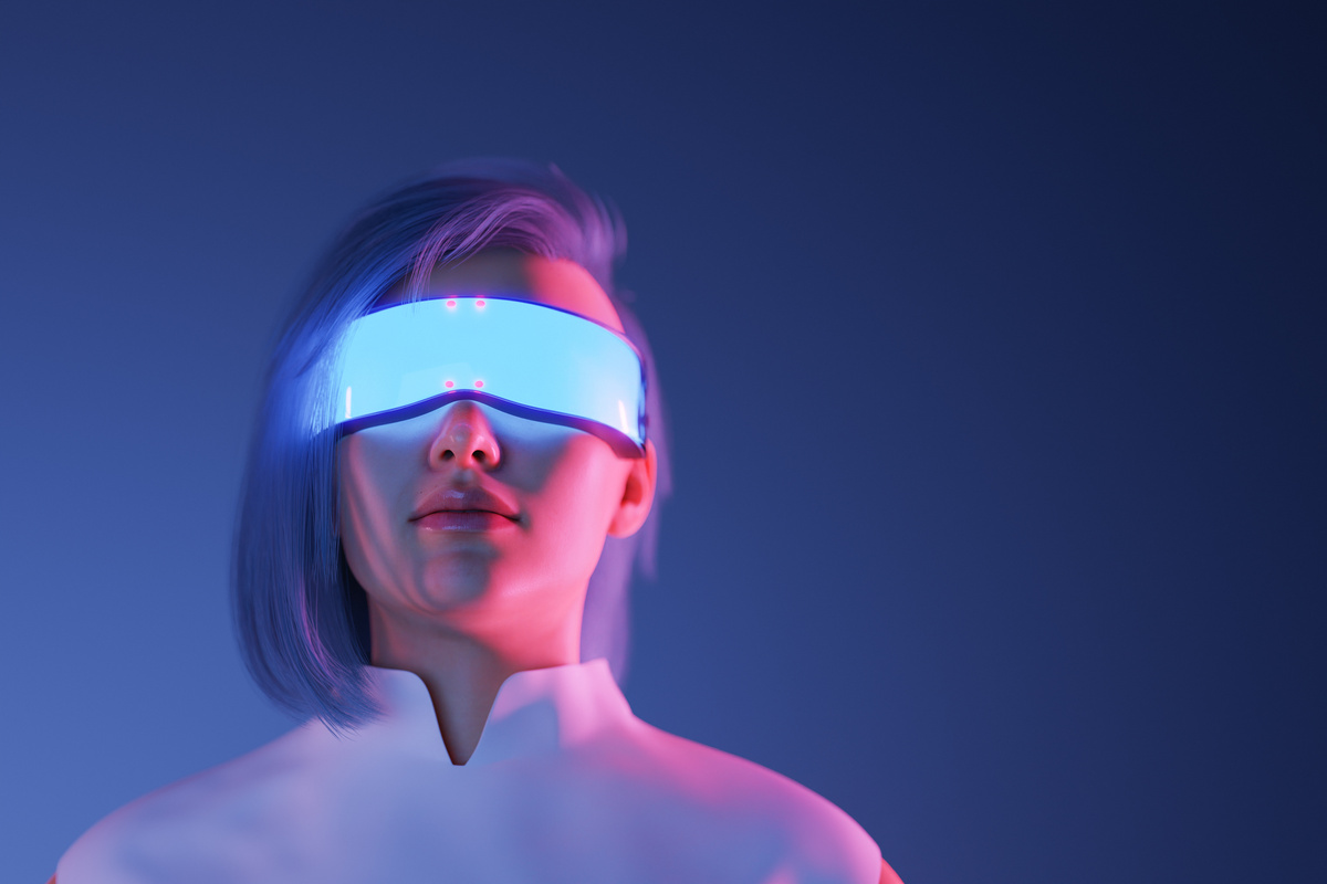 Woman in glowing futuristic VR goggles on 3d illustration